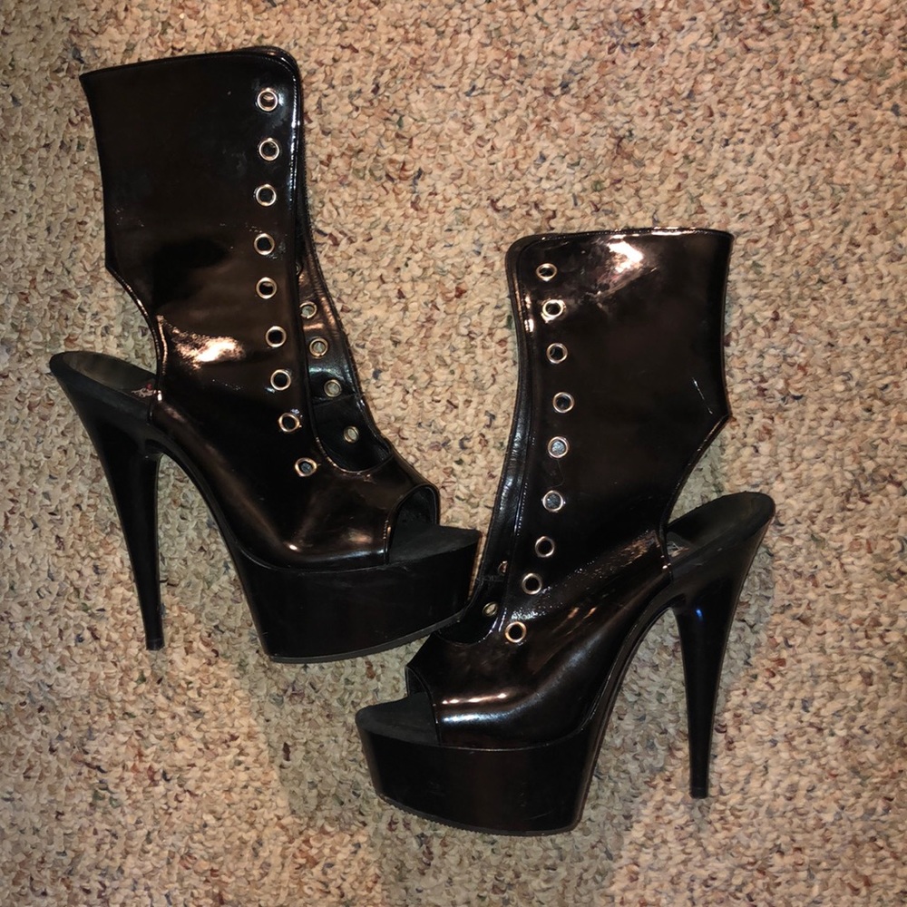 Black Faux Leather Lace Up Dancer Platforms Bootie